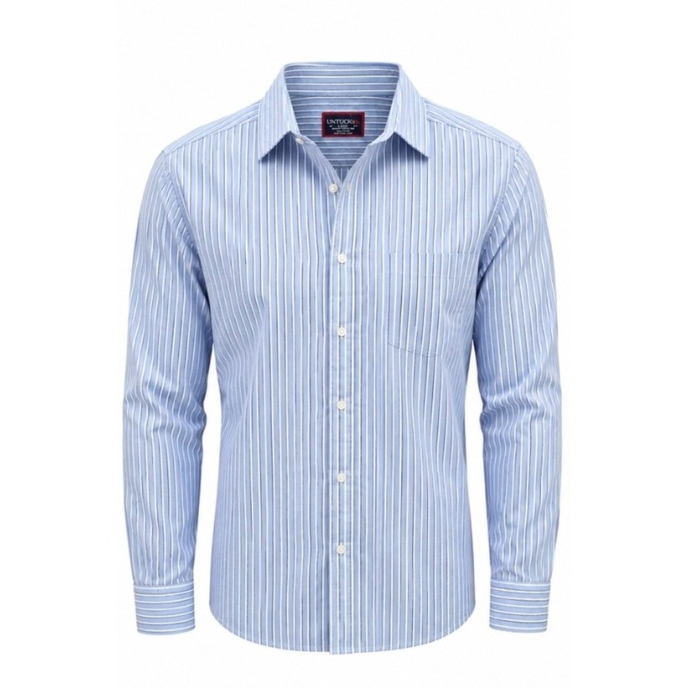 UNTUCKit Mens Large Slim Fit Wrinkle Free Blue White Striped Button Down Shirt
